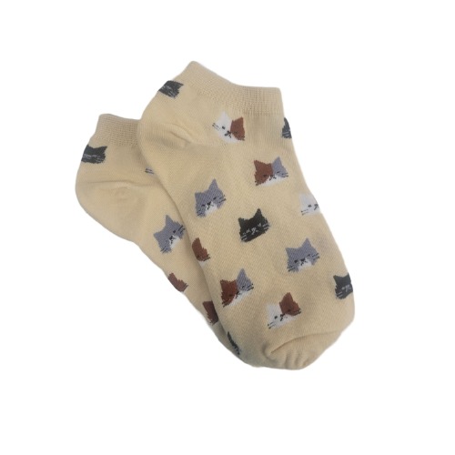 Kitty Cat Face Patterned Short Ankle Socks (Adult Medium - Women's Shoe Sizes 5-10) - Pale Beige
