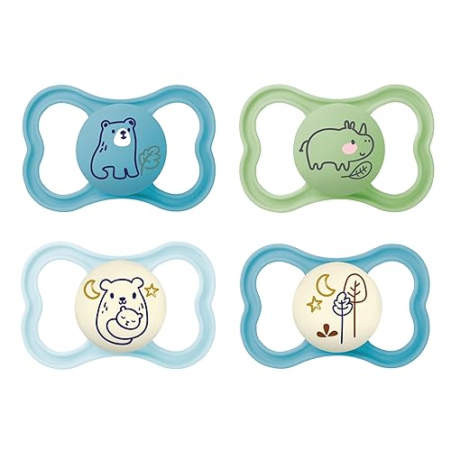 MAM Air Day & Night Baby Pacifier, for Sensitive Skin, Glows in The Dark, 16+ Months, Baby Boy, 4 Count - Blue / Green - 4 Count (Pack of 1)