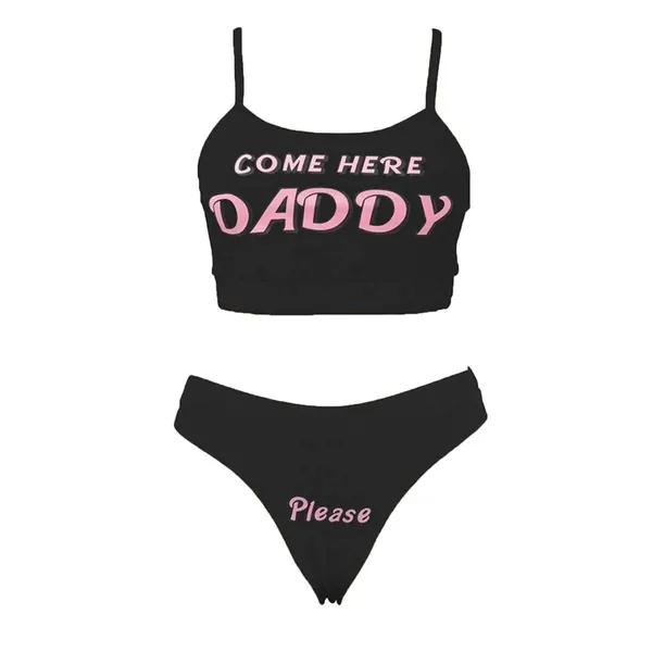 Sexy Women Come Here Daddy Please Strappy Lingerie Set 2PCS Slutty Underwear Tank Tops and Panty Pajamas Sleepwear