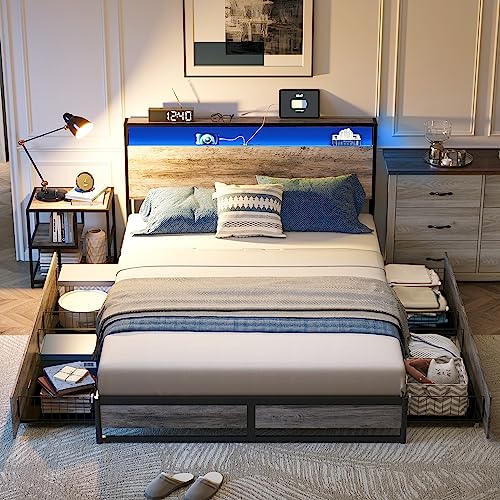 LINSY Queen Bed Frame with 4 Drawers & Headboard, Bed Frame with RGB Lights & Fast Charger, Fast Assembly Bed Frame Queen Size with Storage, No Box Spring Needed, Greige - Greige - Queen