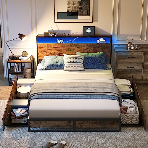 LINSY Queen Bed Frame with RGB Lights, 4 Drawers, Headboard and Fast Charger - Rustic Brown, Easy Assembly with Storage, No Box Spring Needed - Rustic Brown - Queen