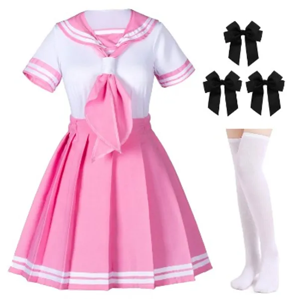 Elibelle Classic Japanese Anime School Girls Pink Sailor Dress Shirts Uniform Cosplay Costumes with Socks Hairpin Set