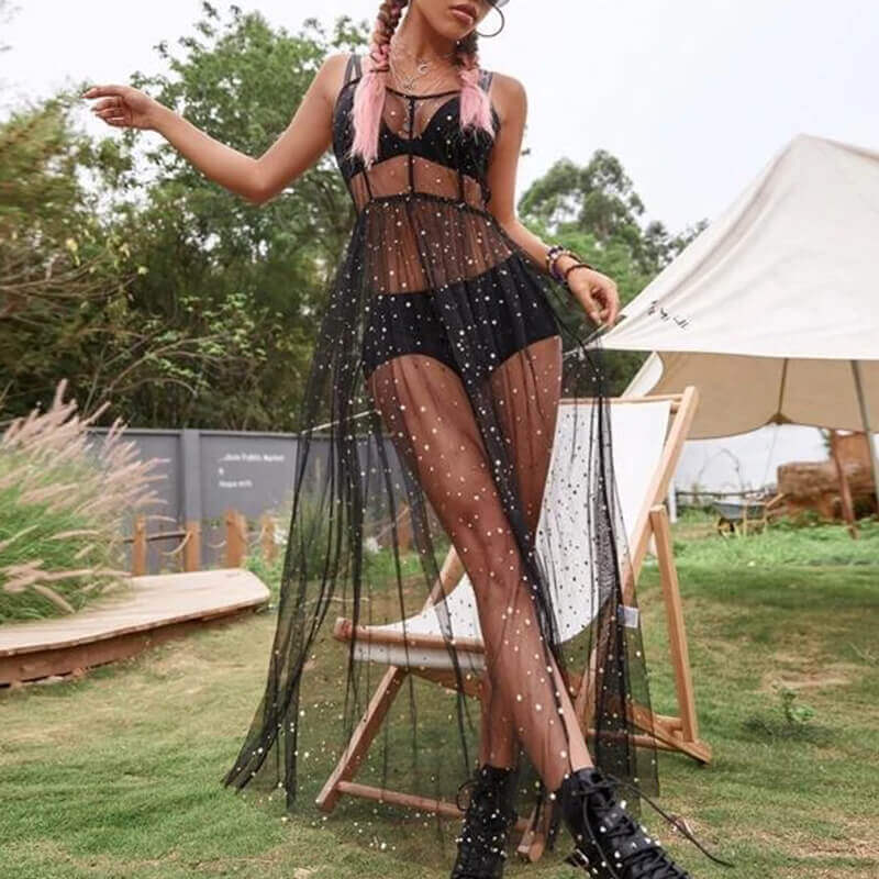 See-through Mesh Sexy Slim Fit Bikini Cover Up Dress - Black / M (Bust 89 cm)