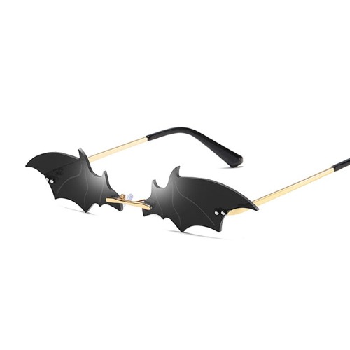 Black Goth Bat Shaped Sun Glasses - Gold Gray