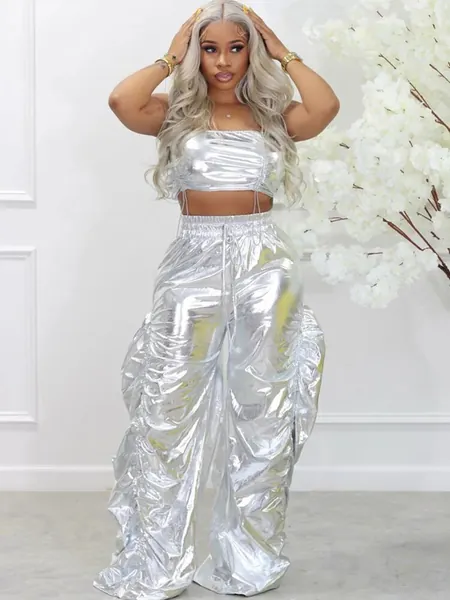 Metallic Two-Piece Rave Outfit Crop Top & Baggy Pants Set