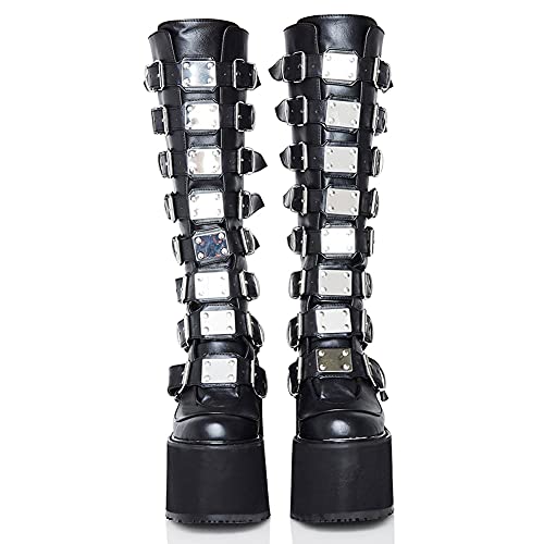 CELNEPHO Womens Chunky Platform Knee High Boots High Heel Round-Toe Zip Punk Goth Mid Calf Combat Boots For Women… - 6 - Black