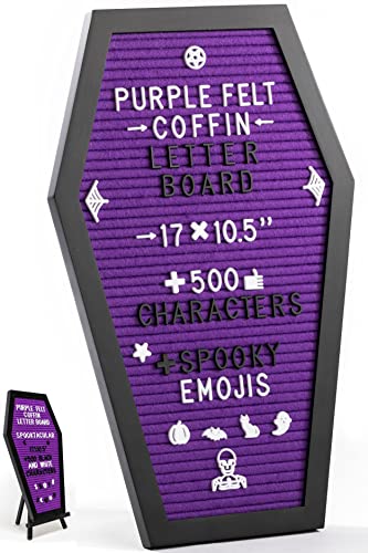 Coffin Letter Board Purple With Spooky Emojis +500 Characters, and Wooden Stand - 17x10.5 Inches - Gothic Halloween Decor Spooky Gifts Decorations - Purple