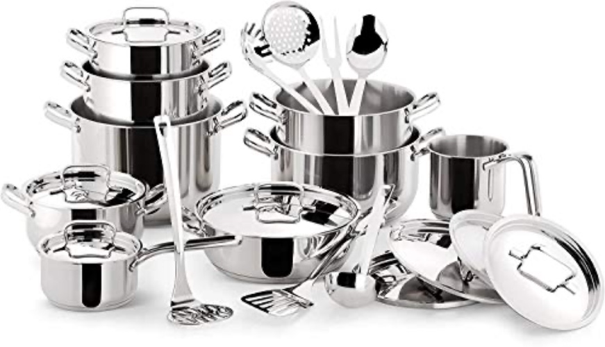 Lagostina Sfiziosa Batterie Cuisine en Acier Inox 18/10, Induction, Gaz et Four, 24 Pièces, Fond Lagoseal Plus, 6 Marmites, 1 Faitouts, 1 Casserole, 1 Pot à Lait, 8 Couvercles, 7 Ustensiles - Unique