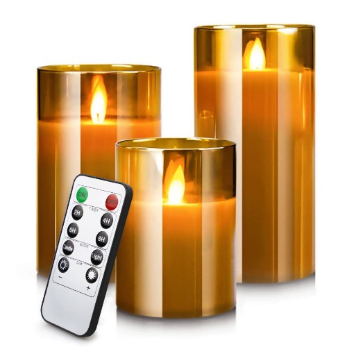 Flameless LED Candles Flickering Christmas Decoration, Fall Decor, Yinuo Candle Real Wax Fake Wick Moving Flame Faux Wickless Pillar Battery Operated Candles with Timer Remote for Wedding Home Party - Amber Gold
