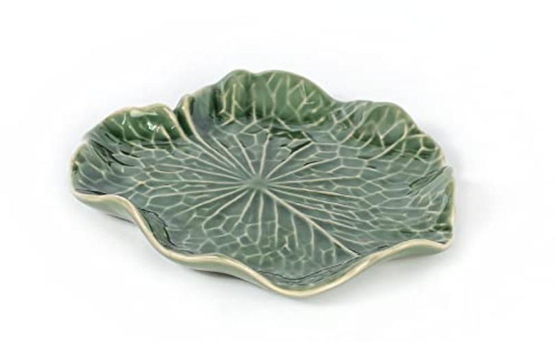 4" Dia Lotus Leaf Ceramic Tray - Porcelain Lotus Leaf for Jewelry Catchall and Figurine Display - White Clay Handmade Cute Mini Gift - Green Lotus Leaf Tray