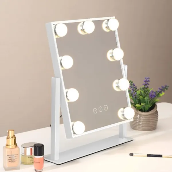 Nusvan Vanity Mirror with Lights,Makeup Mirror with Lights with 9 Dimmable LED Bulbs, 3 Color Lighting Modes Detachable 10X Magnification Mirror Touch Control,360°Rotation - White