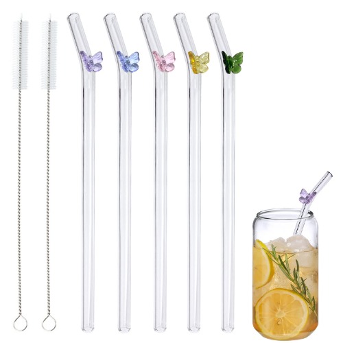 5 Pcs Glass Straws Shatter Resistant,Cute Butterfly on Clear Straws With Design 7.9in X 8mm Colorful Reusable Bent Drinking Straws with 2 Cleaning Brushes for Shakes,Juices,Smoothies, Cocktails