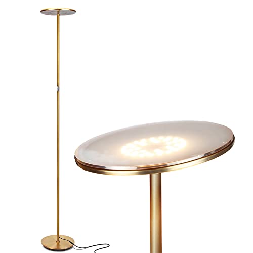 Brightech Sky LED Floor lamp for Living Rooms & Offices -Torchiere Super Bright , Dimmable, Tall Standing Lamp for Bedroom Reading - Gold Brass - Antique Brass