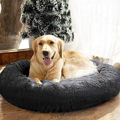 SAVFOX Plush Calming Dog Beds, Donut Dog Bed for Small Dogs, Medium, Large & X-Large, Comfy Cuddler Dog Bed and Cat Bed in Faux Fur, Washable Dog Bed, Multiple Sizes XS-XXL - 2X-Large | 54"x54" Dark Grey