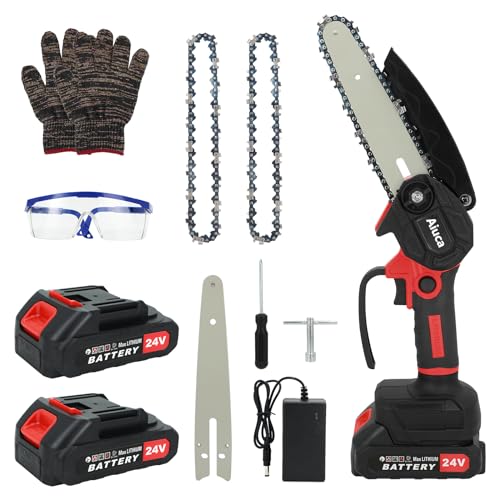 Mini Chainsaw 6-Inch Cordless power chain saws with Security Lock Small Handheld Chain Saw with 2 x 24V 6500mAh Battery 2 Chains for Wood Cutting, Tree Trimming, Gardening, Courtyard and Garden, Red - Red