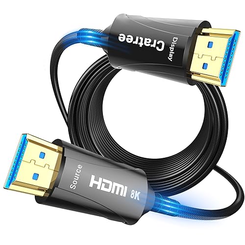 Cratree 8K Fiber Optic HDMI Cable Long 50FT/15M CL2 in Wall - 48Gbps HDMI 2.1,Ultra High Speed HDMI Cord,8K 60Hz,4K120Hz,HDCP 2.2&2.3, HDR10 - Compatible with Fire Roku Apple HDTV,Monitor,Projecto - 50 Feet（Fiber Optic）