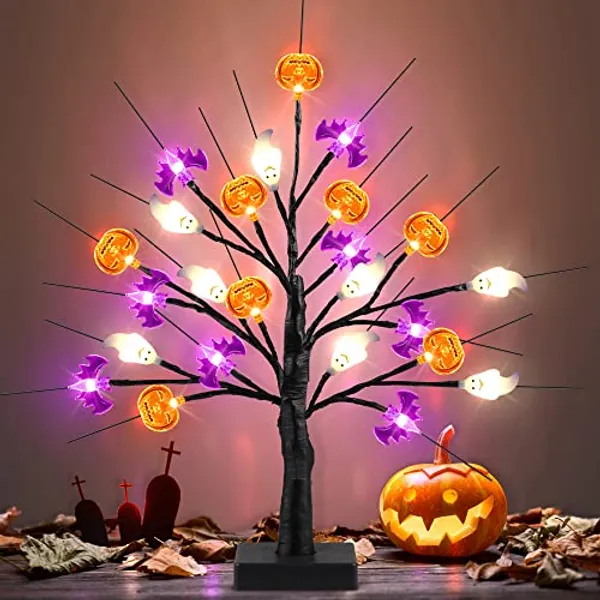 18 Inch Black Halloween Tree Light with 24 LED Pumpkin Bat Ghost Lights, Timer/USB/Battery Operated Halloween Lights Halloween Decorations Indoor Outdoor for Home, Table, Mantle, Party Decor