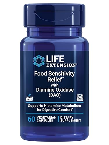 Life Extension Food Sensitivity Relief with Diamine Oxidase (DAO), Occasional Gas, Digestive Comfort, histamine Sensitivity, DAO Enzyme Supplement, Gluten Free, Non-GMO, Vegetarian, 60 Capsules