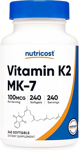 Nutricost Vitamin K2 MK-7 100 mcg, 240 Softgels - Gluten Free and Non-GMO MK7 - Unflavored - 240 Count (Pack of 1)