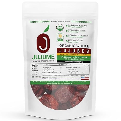 JUJUME | USDA Organic California Grown Jujubes Red Dates | Individually Sorted 3X for QA | High Grade Superfood | Healthy Dried Fruit | Certified All-Natural Non-GMO | 6 oz. bag - 6 Ounce (Pack of 1)