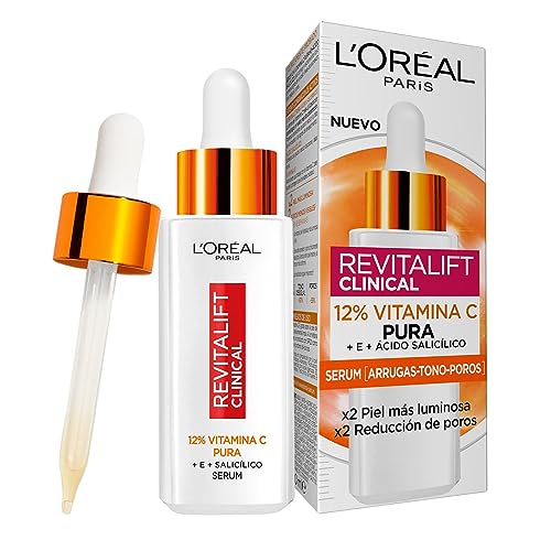 L'Oréal Paris Sérum Facial 12% Pura Vitamina C , Piel más luminosa y poros menos visibles, Reduce las arrugas, la despigmentación y los poros, Revitalift Clinical, 30 ml - Single