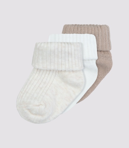 Baby Organic Cotton Turn Over Rib Cuff Socks 3 Pack - Underworks - Oat, white, latte (000)