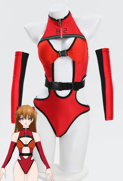 EVA Derivative Swimsuit Sexy Red Cutout High Neck One-Piece Bathing Suit Tummy Control Swimwear