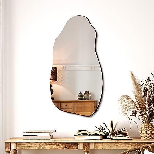 TRAHOME Irregular Asymmetrical Wall Mirror for Living Room Bathroom Entryway, Modern Decorative Mirror Hanging (Hook Style, 31.5'' x 17.7'') - Glue Version - B ( 31.5'' x 17.7'' )