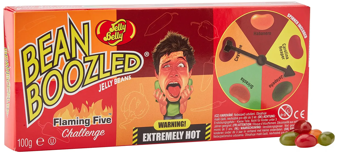 Jelly Belly Bean Boozled Flaming Five Spinner Box - Extremely Hot Candy Beans - for Fun Filled Adult Parties, 100g, Pack of 1