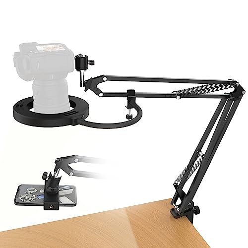 Overhead DSLR Camera Mount with Ring Light, Heavy Duty Desk Camera Stand for Canon Nikon Sony Fuji SLR Mirrorless Cam, Articulating Arm Tripod for Live Streming Video Recording Photography - With Light