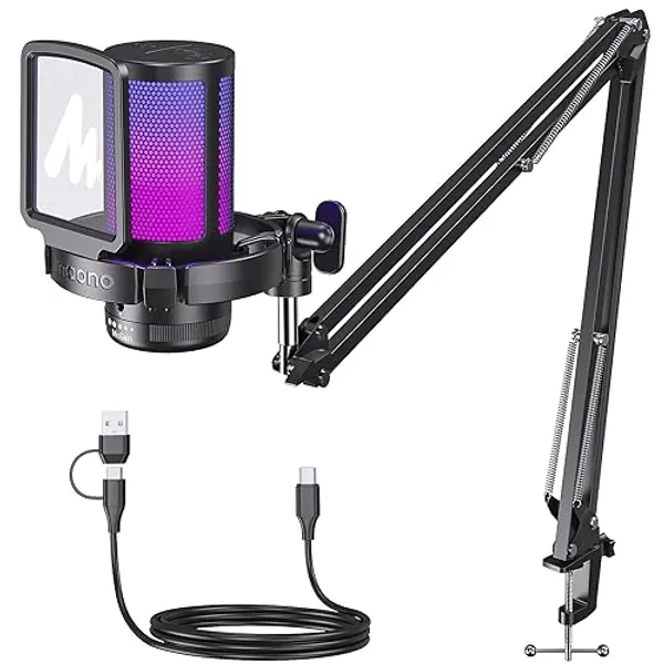 MAONO Gaming USB Microphone, Noise Cancellation Condenser mic with Mute, Gain, Monitoring, Boom Arm for Streaming, Podcast, Twitch, YouTube, Discord, PC, Computer, PS4, PS5, Mac, GamerWave DGM20S - Black