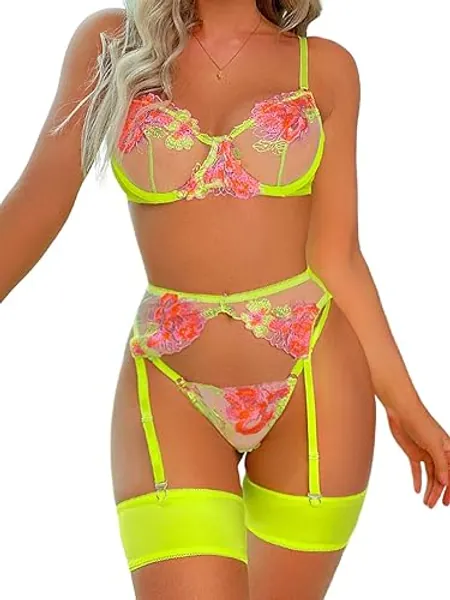 Kaei&Shi Floral Embroidered, Underwire, G-String, Garter Belt, 4 Pieces Lingerie - 4-6 - Fluorescent Green
