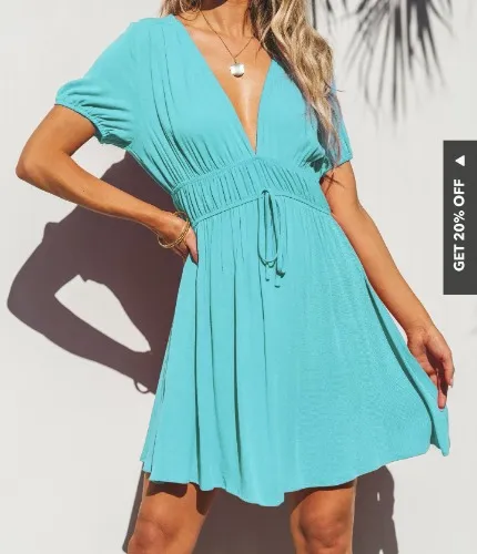 Light Blue Plunging Puff Minidress