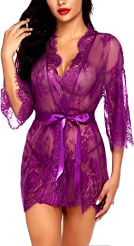 Avidlove Women's Lace Kimono Robe Babydoll Lingerie Mesh Nightgown S-5XL - Lavender Large