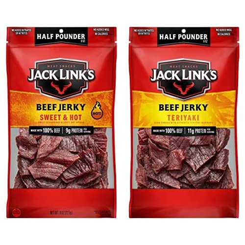 Jack Link's Beef Jerky, Sweet & Hot + Teriyaki – Flavorful Meat Snack, Made with 100% Beef – 1/2 Pounder Bag (Pack of 2)
