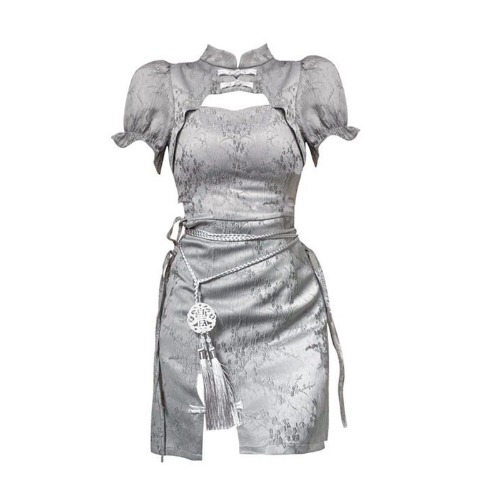 Grey Cheongsam Dress with Cutouts - Grey / S