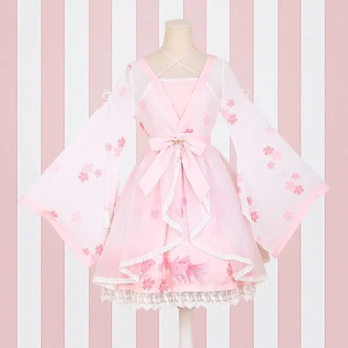 Cherry Blossom Print Kimono Dress in Pastel Pink and White - S