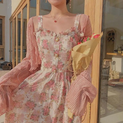 Sweet Pink Floral Dress with Length 112cm Waist - Dress Only / M