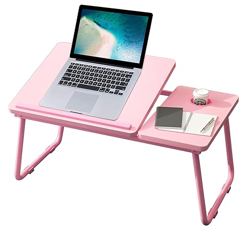 Laptop Desk, Laptop Bed Table with Foldable Legs & Cup Slot, Reading Holder Notebook Stand Breakfast Bed Tray Book Holder for Sofa, Bed, Terrace, Balcony (Blue) - Pink