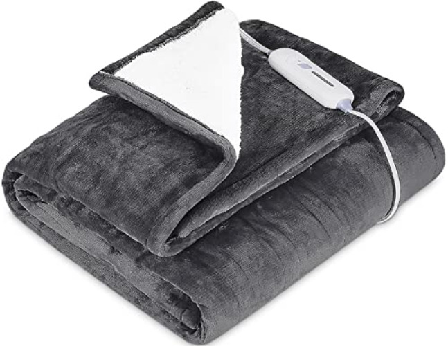 Lukasa Heated Blanket Electric Throw - Flannel/Sherpa Reversible Fast Heating Blanket with 3 Heating Levels & 4 Hours Auto Off, ETL Certification, Machine Washable,50" x 60" - Dark Gray - Throw (50*60 inches)