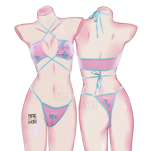 Love - Retro Charm Anime Swimsuit - Blue & Pink / XS/S