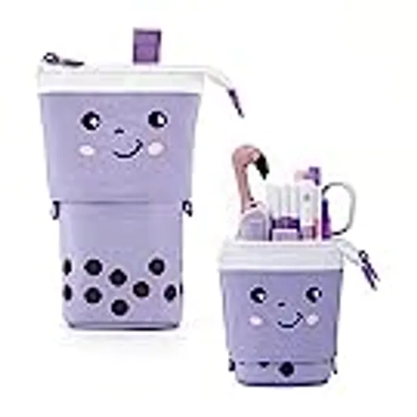 BECHOICEN Stand Pencil Case for Girls Adjustable Pencil Holder for Students Cute Canvas Cosmetic Bags Small for Office Supplies. (Purple, 1pcs)