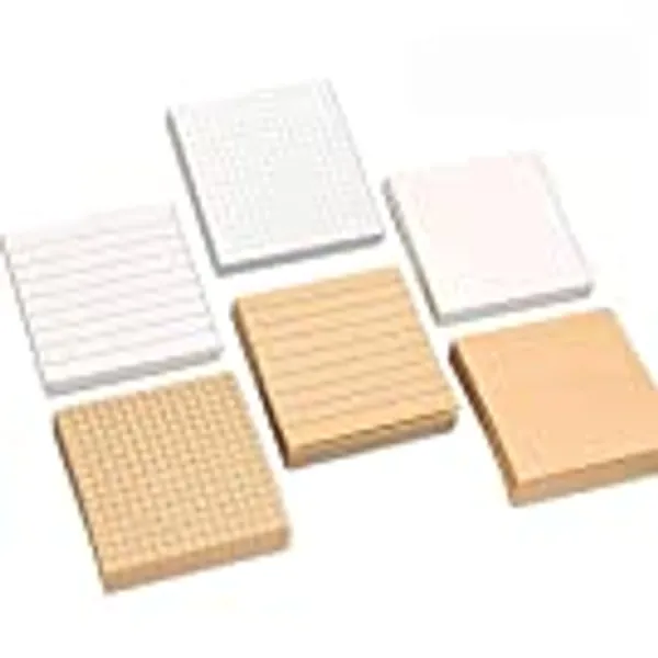 6 pcs Lined Sticky Notes Self-Stick Notes 3 in x 3 in, 80 Sheets/Pad, Paste Notes with Lines Automatically (White + Kraft)