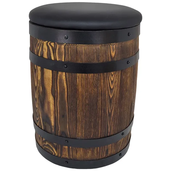 Pouf tonneau en bois brossé 45x35, assise cuir écologique, tabouret tonneau wengé