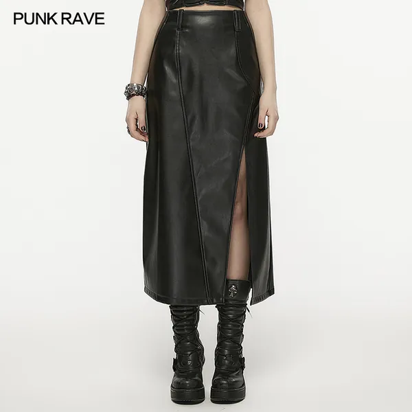 Punk Rave OPQ-1399BQF Invisible Zipper Oblique Slit Line A-Line High Waist Split Faux Leather Skirt