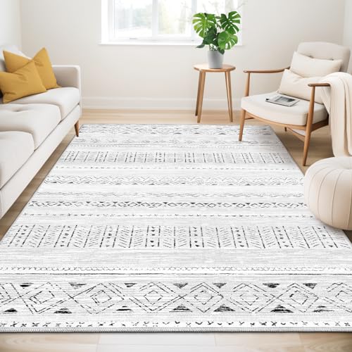 Large Living Room Area Rug 6x9: Soft Machine Washable Boho Moroccan Farmhouse Rugs for Bedroom Under Dining Table - Non-Slip Neutral Morden Indoor Floor Rug Carpet for Home Office Decor - Grey - Dark Grey - 6' x 9'