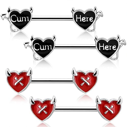 OUFER Devil Nipple Rings 4PCS 316L Letter Stainless Steel Nipplerings Barbells Nipple Piercing Jewelry for Women - Cum Here