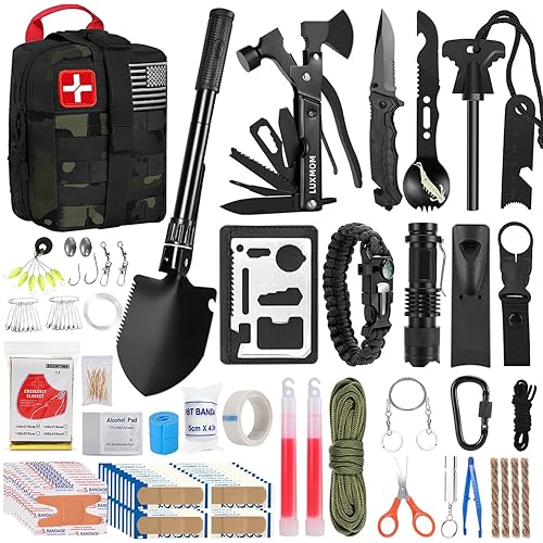 LUXMOM Survival Kit and First Aid Kit, 142Pcs Professional Survival Gear and Equipment with Molle Pouch, for Men Camping Outdoor Adventure/Gifts for Men Dad Christmas - Black Camo