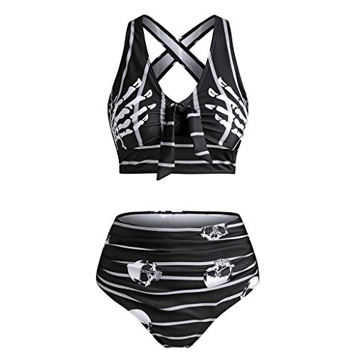 KIOCK Plus Size Swimsuit for Women Women Push-Up Padded Bikini Skull Striped Print Cut Out Padded Tankini Set for Party#216 - Black - XX-Large