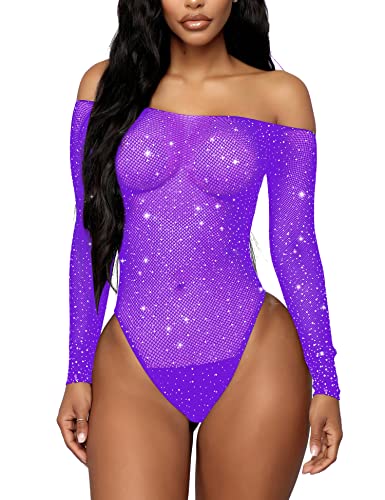 RSLOVE Women Lingerie Fishnet Bodysuit Sparkle Rhinestone Sexy Mesh Teddy Lingerie - One Size - Violets